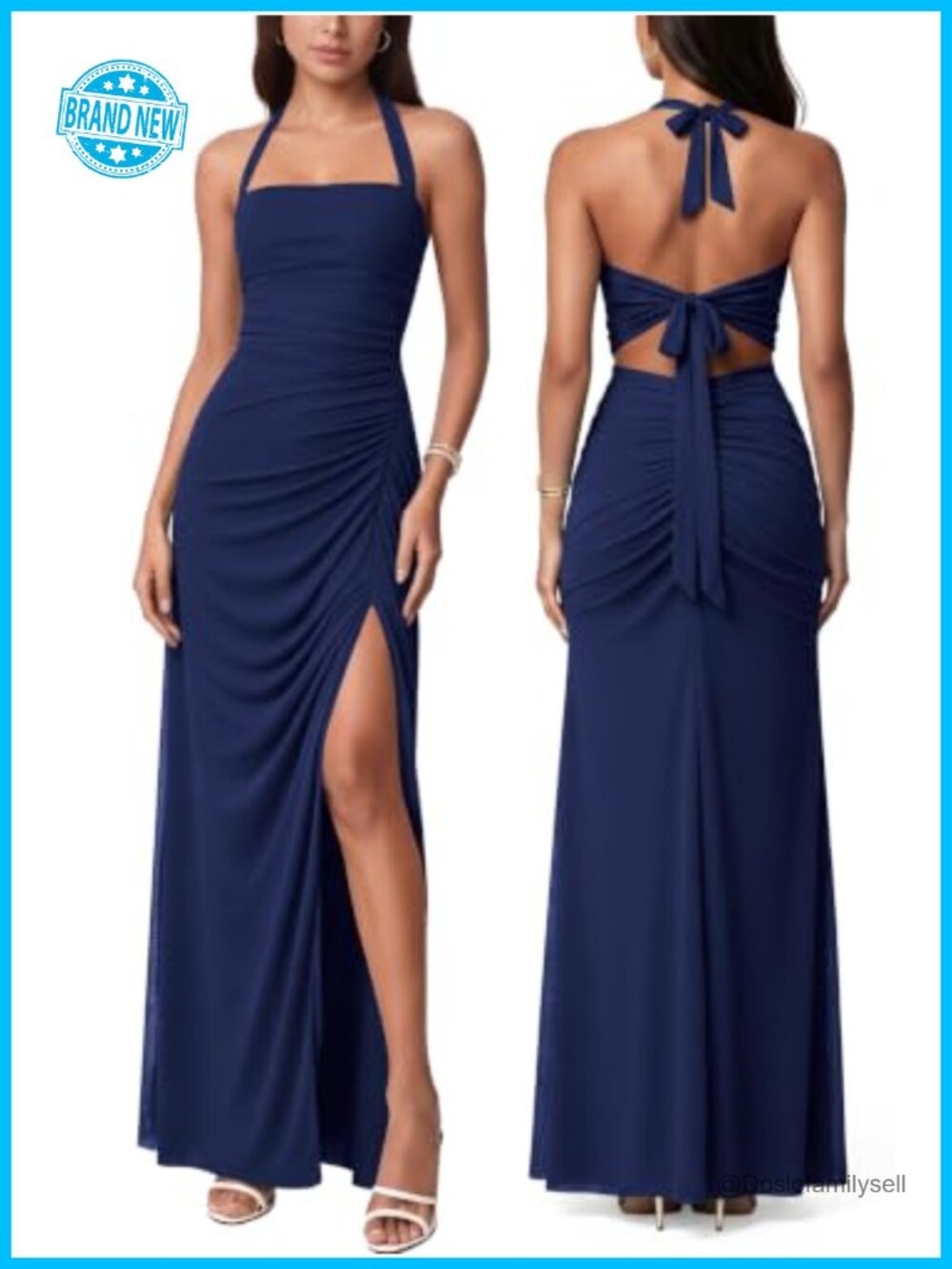 Mesh Halter Maxi Dress Sleeveless Ruched Tie Back Party Cocktail